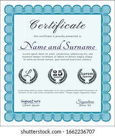 Light blue Diploma. With guilloche pattern and background. Detailed. Money Pattern design. 