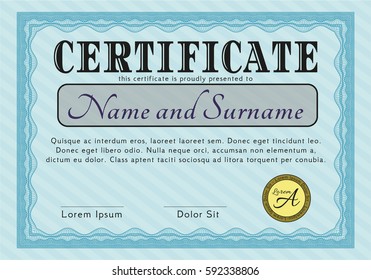 Light blue Diploma. With guilloche pattern and background. Excellent design. Vector illustration. 