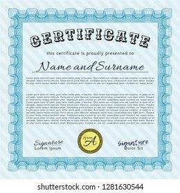 Light blue Diploma. With linear background. Superior design. Detailed. 