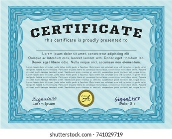 Light blue Diploma. With linear background. Vector illustration. Money Pattern design. 