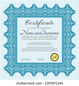 Light blue Diploma. Lovely design. With linear background. Detailed. 