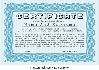 Light blue Diploma. Money style design. With linear background. Vector illustration. 