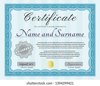 Light blue Diploma. Money style design. Vector illustration. With linear background. 