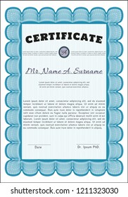 Light blue Diploma. Nice design. Detailed. With complex background. 