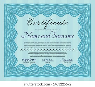 Light blue Diploma. Nice design. With guilloche pattern and background. Detailed. 