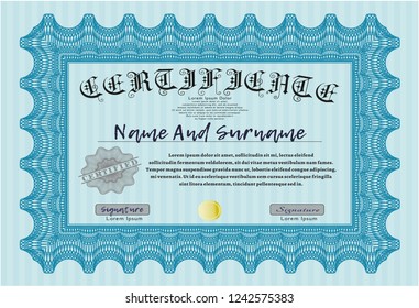 Light blue Diploma. Perfect design. Vector illustration. With great quality guilloche pattern. 