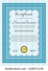 Light blue Diploma. Printer friendly. Money Pattern. Detailed. 