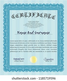 Light blue Diploma template. With background. Retro design. Detailed. 