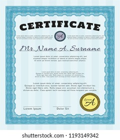 Light blue Diploma template. With background. Vector illustration. Money style design. 