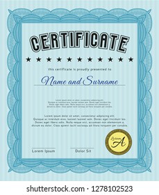 Light blue Diploma template. With background. Vector illustration. Money Pattern design. 