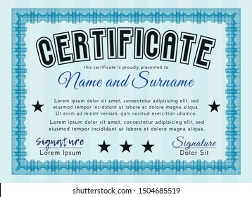 Light blue Diploma template. With background. Vector illustration. Money Pattern. 