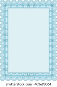 Light blue Diploma template. With background. Border, frame. Excellent design. 