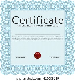 Light blue Diploma template. With background. Border, frame. Excellent design. 