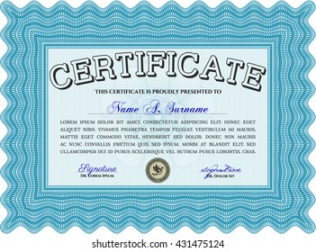 Plantilla de Diploma azul claro. Con fondo. Excelente diseño. Borde, marco. 