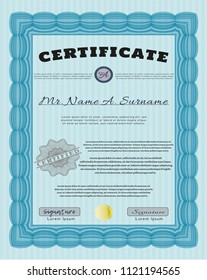 Light blue Diploma template. Beauty design. With complex background. Detailed. 
