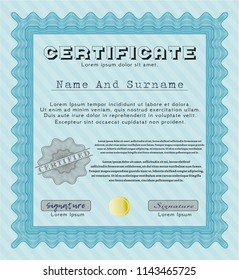 Light blue Diploma template. Beauty design. With great quality guilloche pattern. Detailed. 