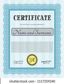 Light blue Diploma template or certificate template. With background. Modern design. Detailed. 