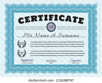 Light blue Diploma template or certificate template. Easy to print. Detailed. Sophisticated design. 