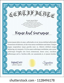 Light blue Diploma template or certificate template. Customizable, Easy to edit and change colors. Complex background. Artistry design. 