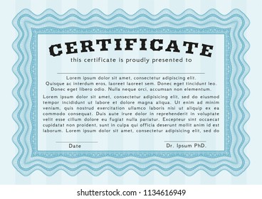 Light blue Diploma template or certificate template. With guilloche pattern. Nice design. Customizable, Easy to edit and change colors. 