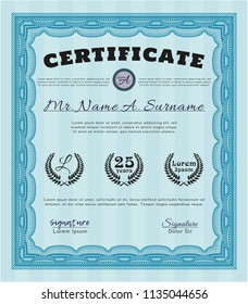 Light blue Diploma template or certificate template. With complex background. Vector illustration. Elegant design. 