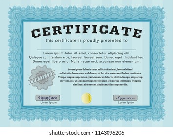 Light blue Diploma template or certificate template. With complex linear background. Vector illustration. Money design. 