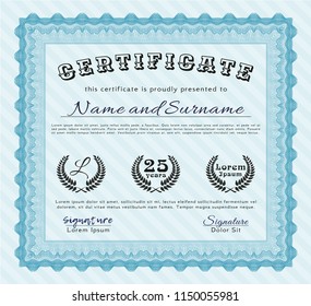 Light blue Diploma template or certificate template. Vector illustration. With complex background. Lovely design. 