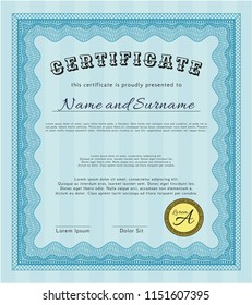 Light blue Diploma template or certificate template. With linear background. Detailed. Artistry design. 