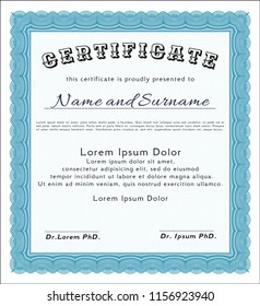 Light blue Diploma template or certificate template. Retro design. With guilloche pattern and background. Vector illustration. 