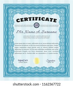 Light blue Diploma template or certificate template. Money Pattern. Vector illustration. With quality background. 
