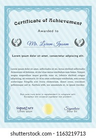 Light blue Diploma template or certificate template. Money style design. Vector illustration. Easy to print. 
