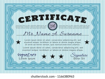 Light blue Diploma template or certificate template. With complex background. Vector illustration. Lovely design. 
