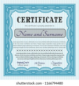 Light blue Diploma template or certificate template. With guilloche pattern and background. Beauty design. Detailed. 