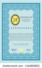 Light blue Diploma template or certificate template. Detailed. With background. Money design. 