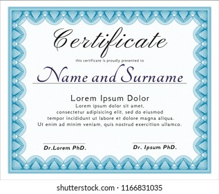 Light blue Diploma template or certificate template. Modern design. With background. Detailed. 