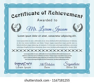 Light blue Diploma template or certificate template. Superior design. Customizable, Easy to edit and change colors. With guilloche pattern. 