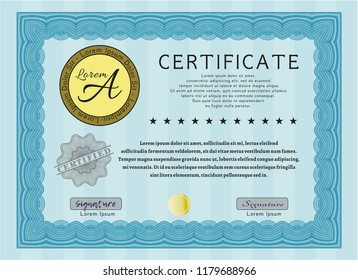 Light blue Diploma template or certificate template. Nice design. With guilloche pattern and background. Detailed. 