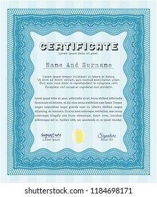 Light blue Diploma template or certificate template. Vector illustration. With complex background. Good design. 
