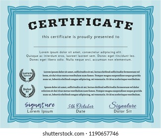 Light blue Diploma template or certificate template. With quality background. Perfect design. Vector illustration. 