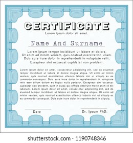 Light blue Diploma template or certificate template. With guilloche pattern and background. Customizable, Easy to edit and change colors. Cordial design. 