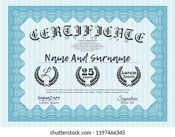 Light blue Diploma template or certificate template. With background. Money Pattern. Detailed. 