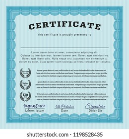 Light blue Diploma template or certificate template. With complex linear background. Nice design. Detailed. 