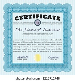Light blue Diploma template or certificate template. With great quality guilloche pattern. Vector illustration. Money style design. 