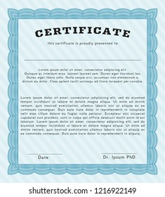 Light blue Diploma template or certificate template. With guilloche pattern and background. Customizable, Easy to edit and change colors. Beauty design. 