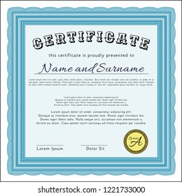 Light blue Diploma template or certificate template. With background. Sophisticated design. Vector illustration. 