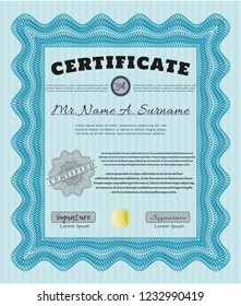 Light blue Diploma template or certificate template. Customizable, Easy to edit and change colors. With guilloche pattern and background. Elegant design. 