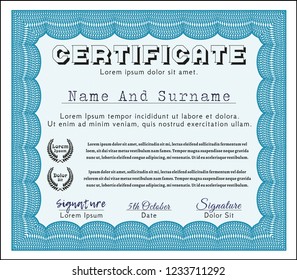 Light blue Diploma template or certificate template. Good design. Detailed. With guilloche pattern and background. 