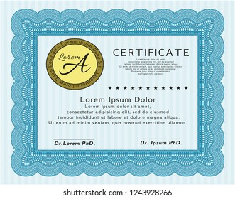 Light blue Diploma template or certificate template. Detailed. With complex background. Artistry design. 