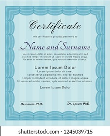 Light blue Diploma template or certificate template. Retro design. Vector illustration. With guilloche pattern. 