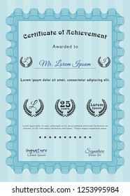 Light blue Diploma template or certificate template. Vector illustration. With great quality guilloche pattern. Money Pattern design. 